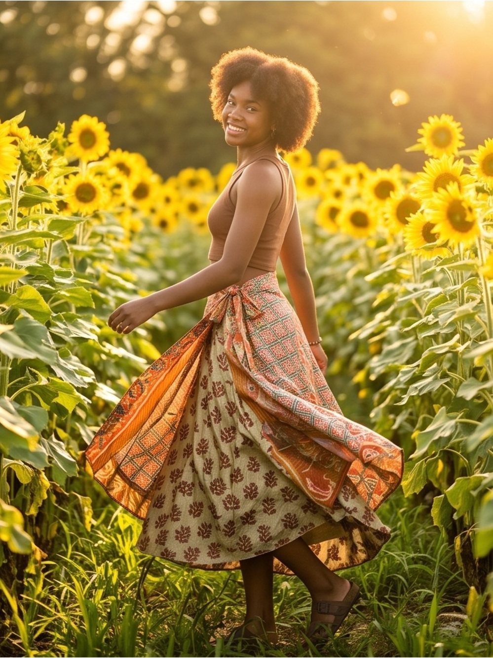 Earthbound - Orange Floral & Geometric Reversible Light & Easy Wrap Maxi Skirt